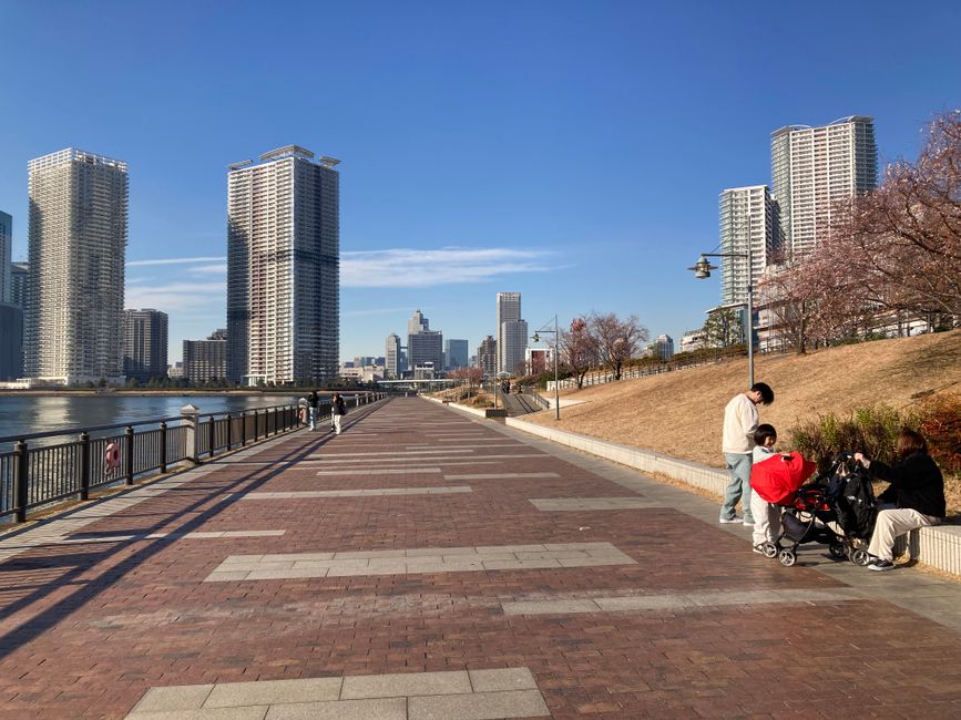 東京のウォーターフロントでスカイラインを眺めながら晴れた冬の日を楽しむ人々。